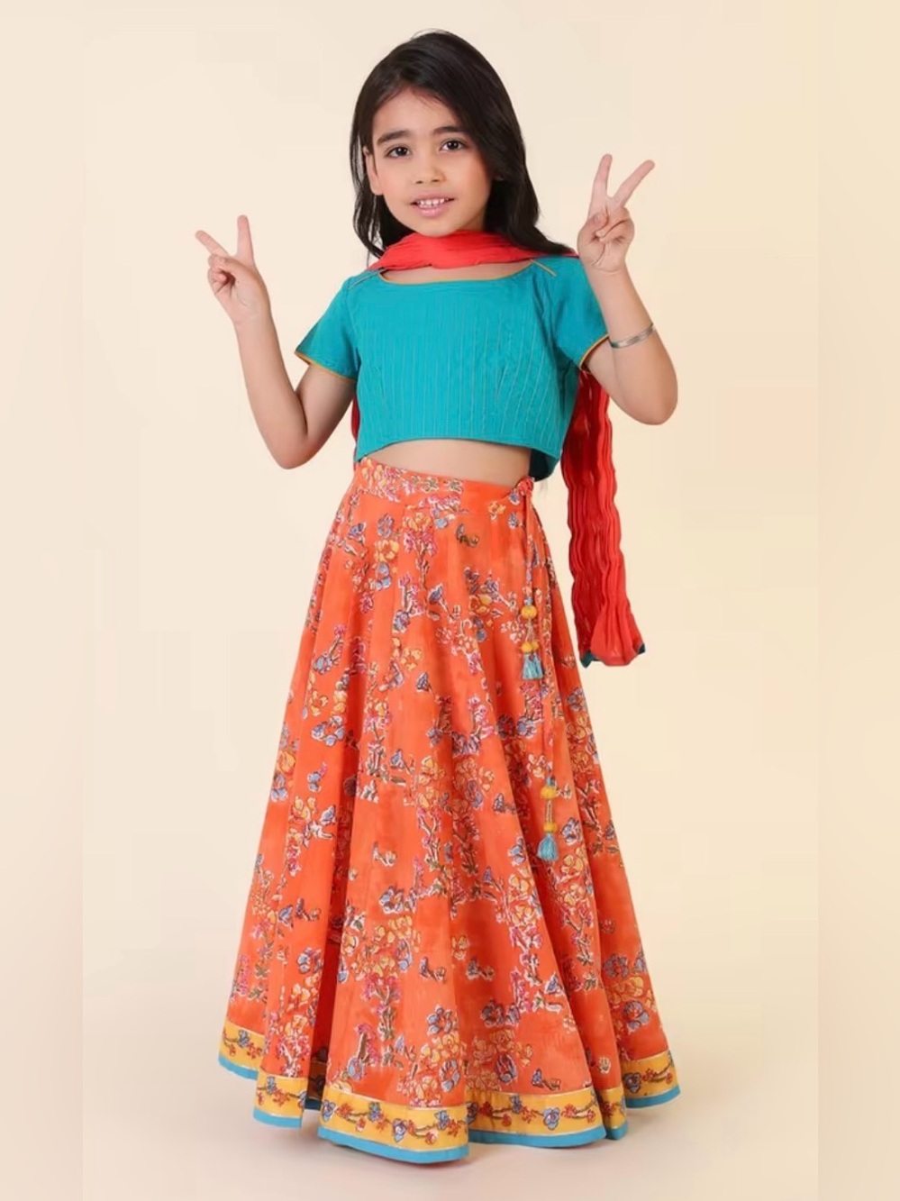 Fabindia Girls Orange Hand Block Print Cotton Lehenga Skirt Size 10-12 Years